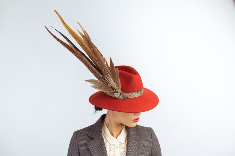 Red Fedora Hat with Pheasant Feathers - Sahar Millinery