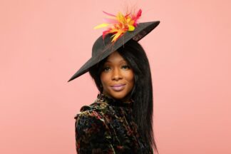 Explosive: Black wide brim hat with multicoloured feather spray
