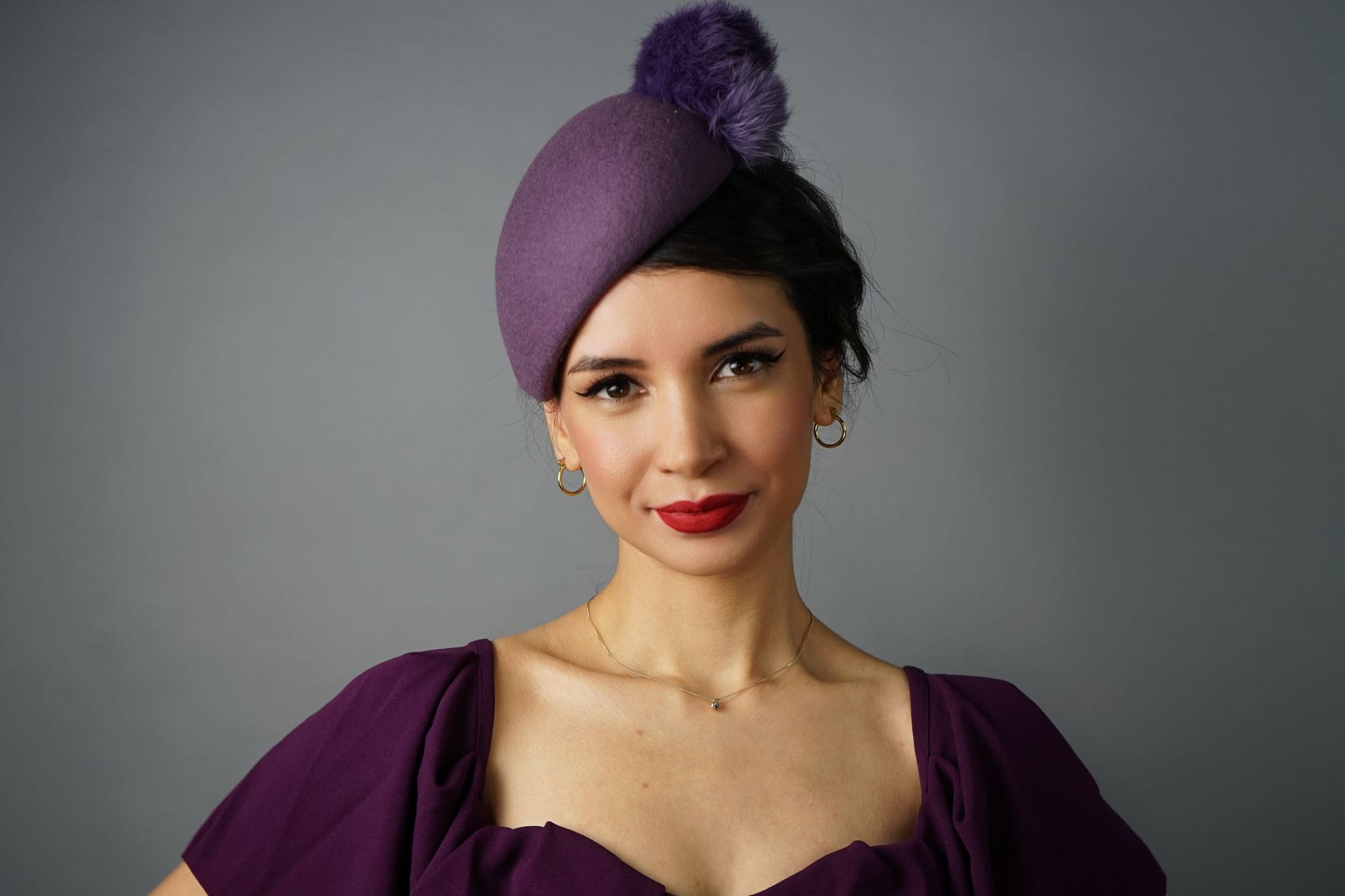 Violet Bohème – Purple Pom Pom Fascinator