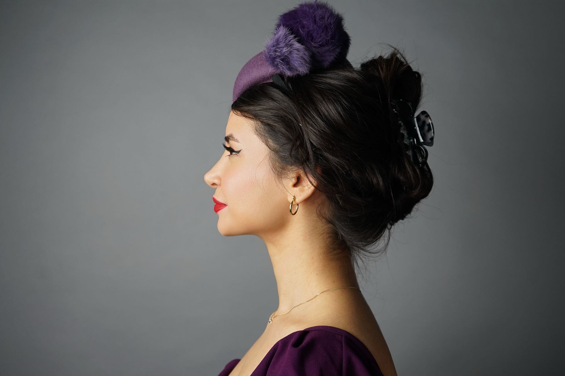 Vintage Fascinator  Plum Hat with Veil and Pom-Pom Purple 1940s Vintage Hats for Women for sale | eBay main image 3